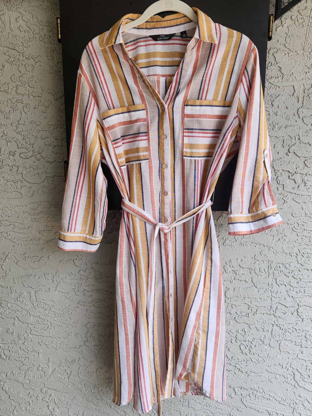 Women's Mlle Gabrielle Striped Midi Shirt Dress Belted Size Large Multicolor